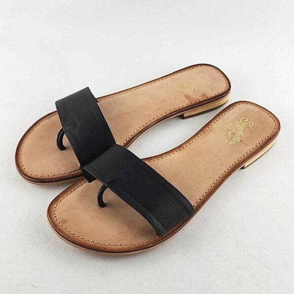Seychelles Weekenders City Slicker Black Tan Leather Flat Thong Sandal Size 8 - Picture 1 of 12